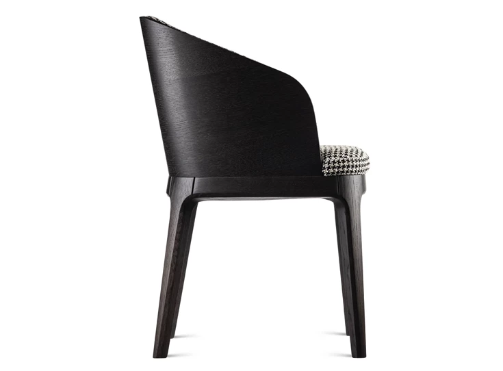 Zijkant Armstoel Fendi massief hout eik donkerbruin stof patroon wit zwart Estetica Home