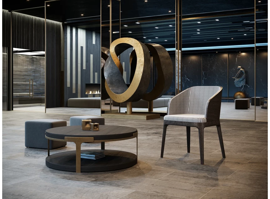 Sfeerfoto Armstoel Fendi massief hout eik donkerbruin stof patroon wit zwart Estetica Home