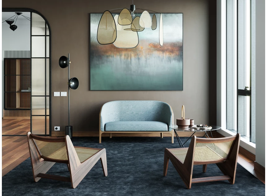 Sfeerfoto Canapé 2-zit Sofa Chairman stof blauw frame massief hout eik naturel Estetica Home