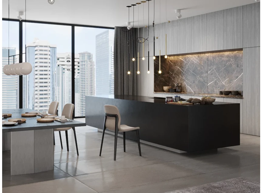 Sfeerfoto Eetkamerstoel Calma massief hout eik zwart stof beige Estetica Home