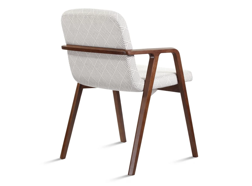 Achterkant Armstoel Avanti massief hout beuk nootkleur stof patroon Estetica Home