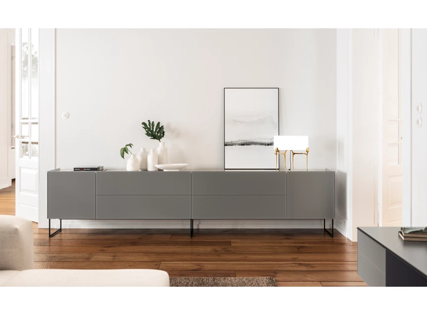 Sfeerfoto Dressoir Side 2.0 model 2 mat glas grijs onderstel Frame Spectral