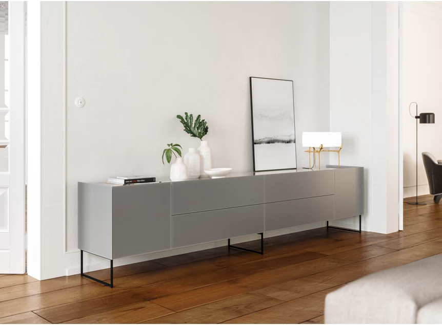 Zijkant Sfeerfoto Dressoir Side 2.0 model 2 mat glas grijs onderstel Frame Spectral