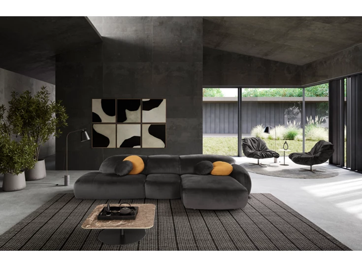 Sfeerfoto Salon Globe longchair open eiland stof velvet antraciet Designwerk