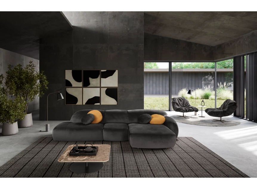 Sfeerfoto Salon Globe longchair open eiland stof velvet antraciet Designwerk