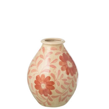 Vaas bloemen steengoed oranje/gebroken wit S