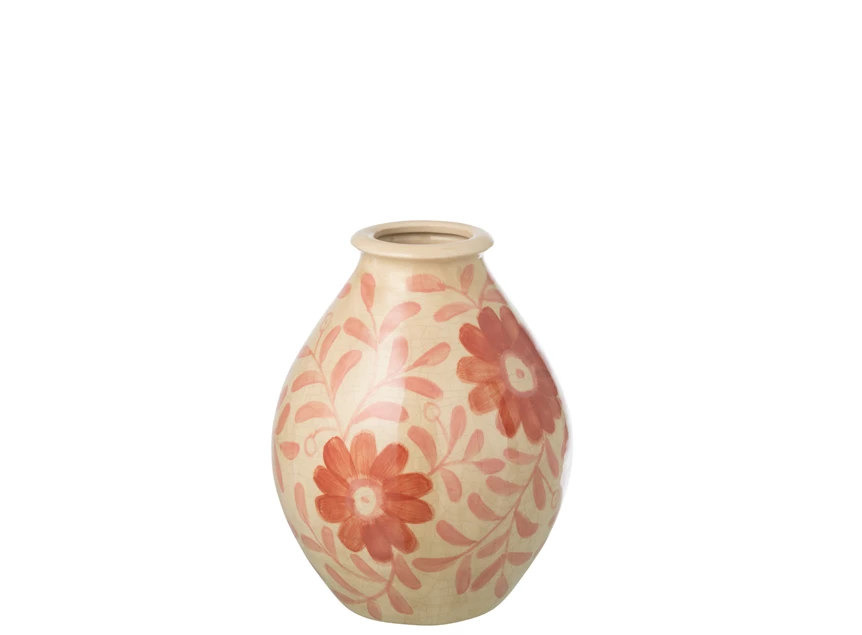 Vaas bloemen steengoed oranje/gebroken wit S