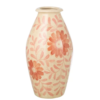 Vaas bloemen steengoed oranje/gebroken wit L