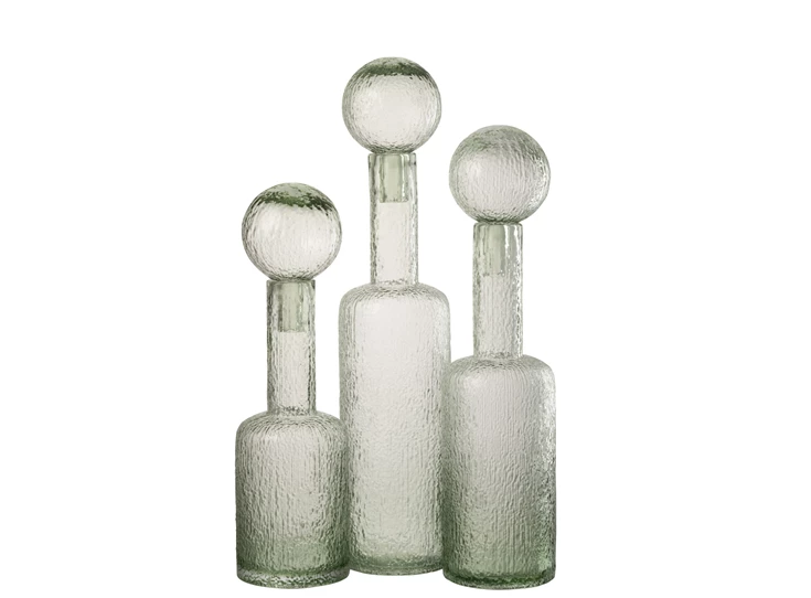 Fles deco reliëf glas grijsgroen L met dop erop