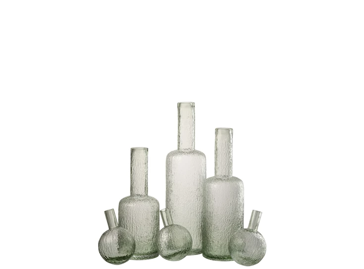 Fles deco reliëf glas grijsgroen L met dop eraf