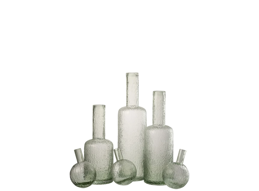 Fles deco reliëf glas grijsgroen L met dop eraf