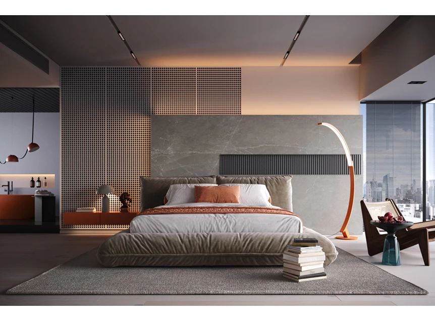 Sfeerfoto front Bedkader Fluffy stof velvet beige Designwerk