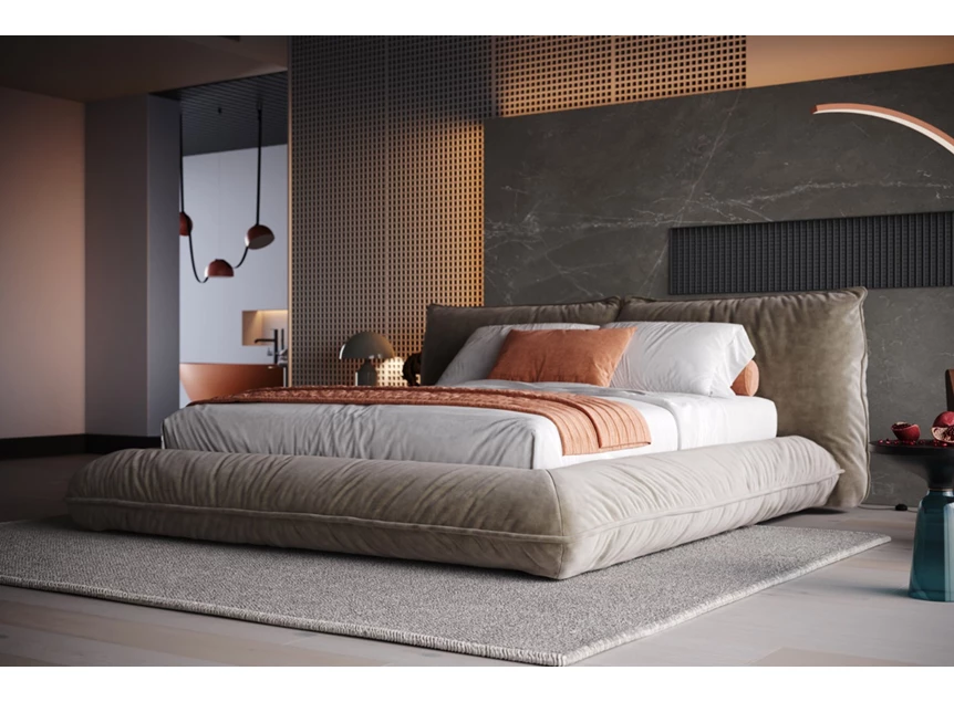 Sfeerfoto Bedkader Fluffy stof velvet beige Designwerk