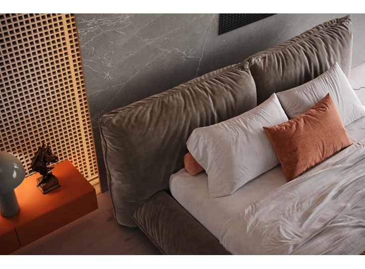 Sfeerfoto hoofdbord Bedkader Fluffy stof velvet beige Designwerk