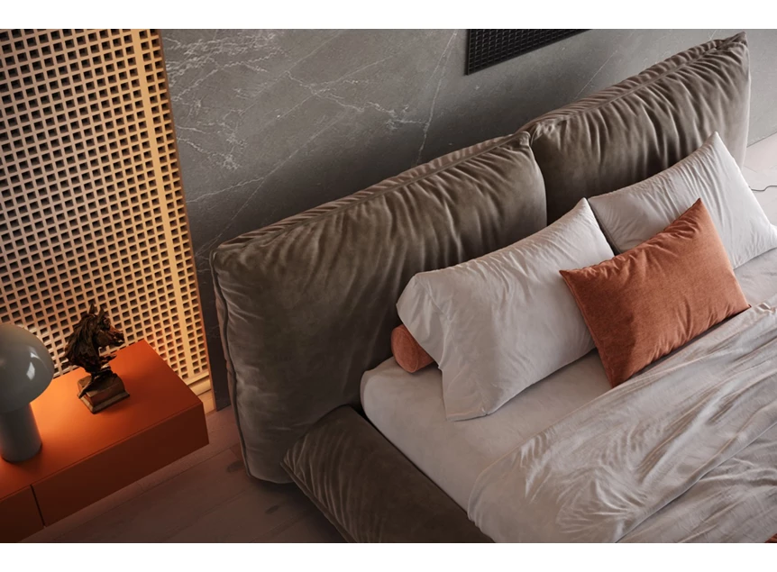 Sfeerfoto hoofdbord Bedkader Fluffy stof velvet beige Designwerk