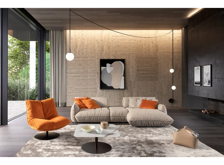 Sfeerfoto Salon Fluffy met longchair stof beige Designwerk