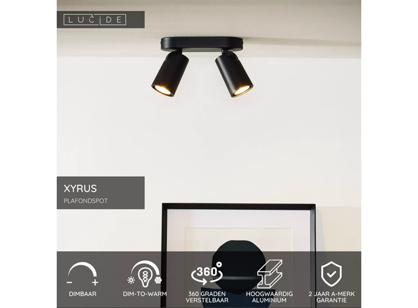 Xyrus plafondspot led dim to warm 2200k/3000k zwart info