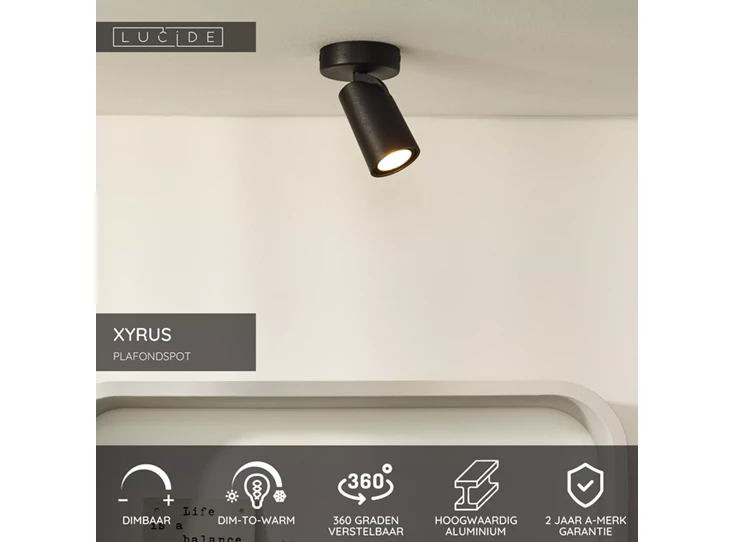 Xyrus plafondspot led dim to warm 2200k/3000k zwart info