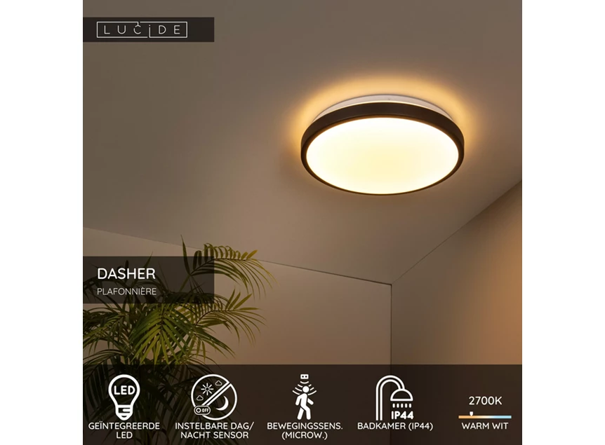 Dasher plafondlamp badkamer zwart beweging sensor dag/nacht info
