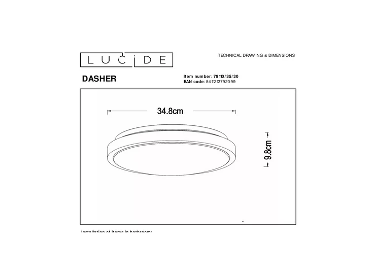 Dasher plafondlamp badkamer zwart beweging sensor dag/nacht afmeting