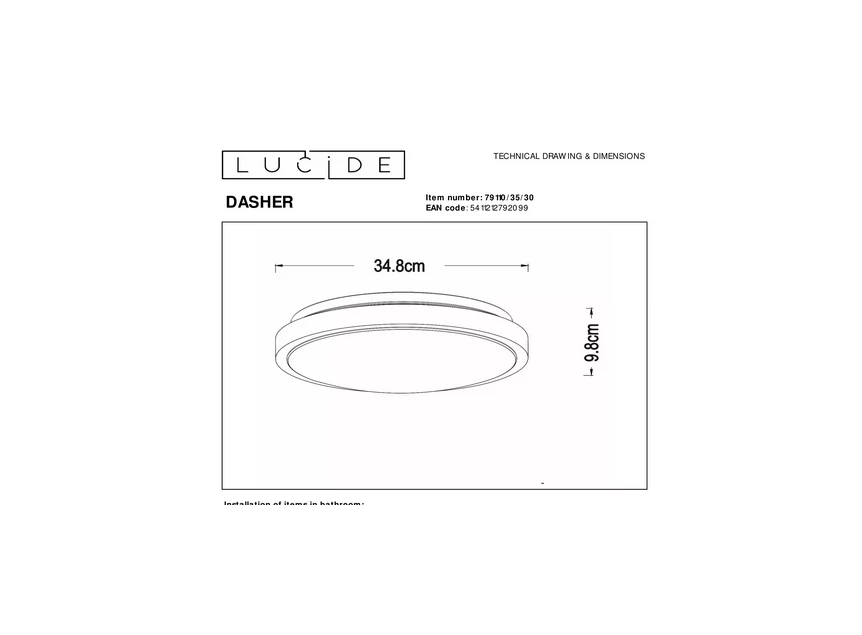 Dasher plafondlamp badkamer zwart beweging sensor dag/nacht afmeting