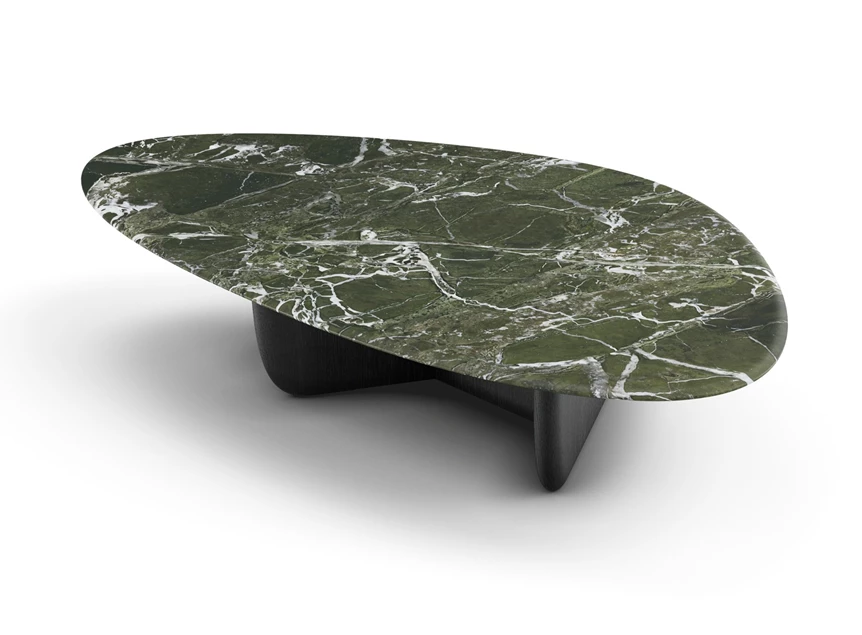 Salontafel Lotus 1390 lang kiezelvorm natuursteen houten poot Draenert