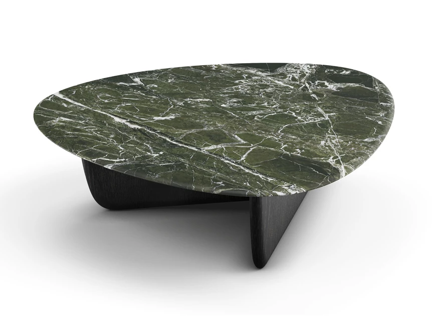 Salontafel Lotus 1390 kiezelvorm natuursteen houten poot Draenert