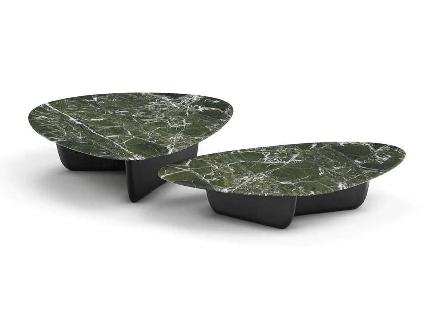 Set Salontafel Lotus 1390 kiezelvorm natuursteen houten poot Draenert