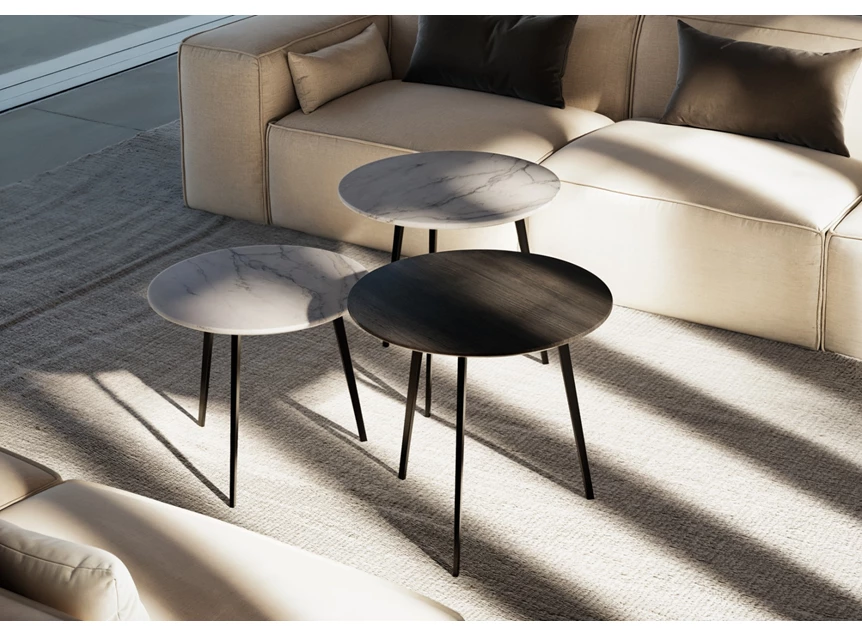 Sfeerfoto Bijzettafel Tosca rond marmer fineer hout Draenert