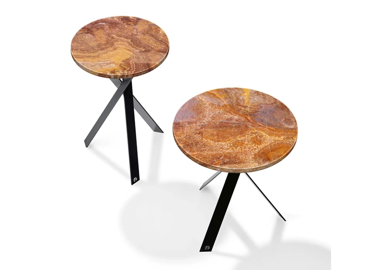 Bovenkant Bijzettafel Mortimer rond natuursteen Onice Ambra Draenert