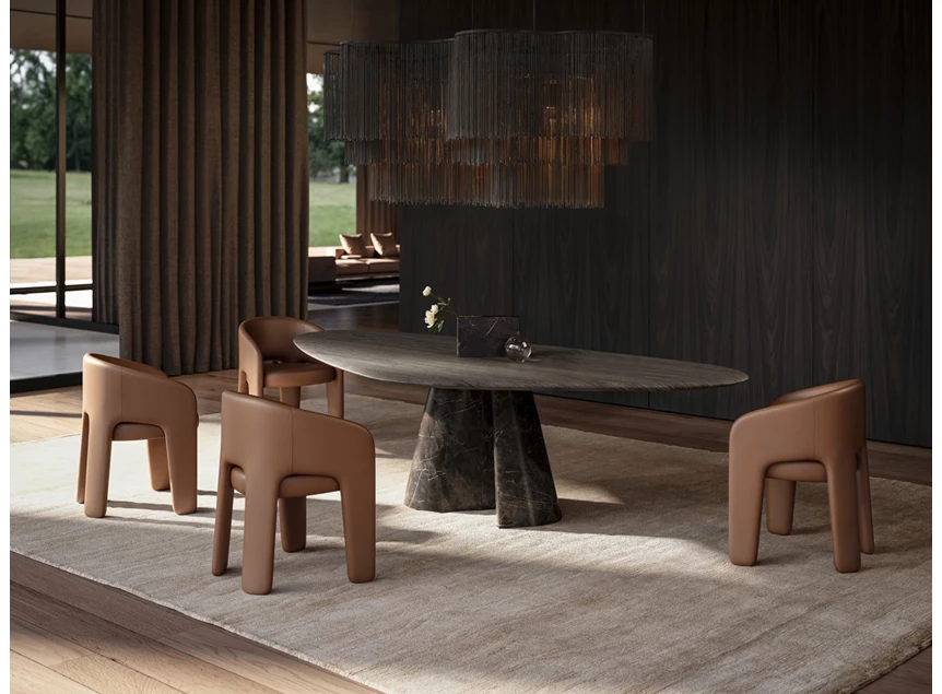 Sfeerfoto Eettafel Cooper Trilungo 1430 poot natuursteen nero picasso Draenert