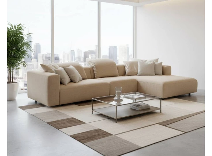 Sfeerfoto Salon Vivaldi longchair stof beige zand DFM Moome