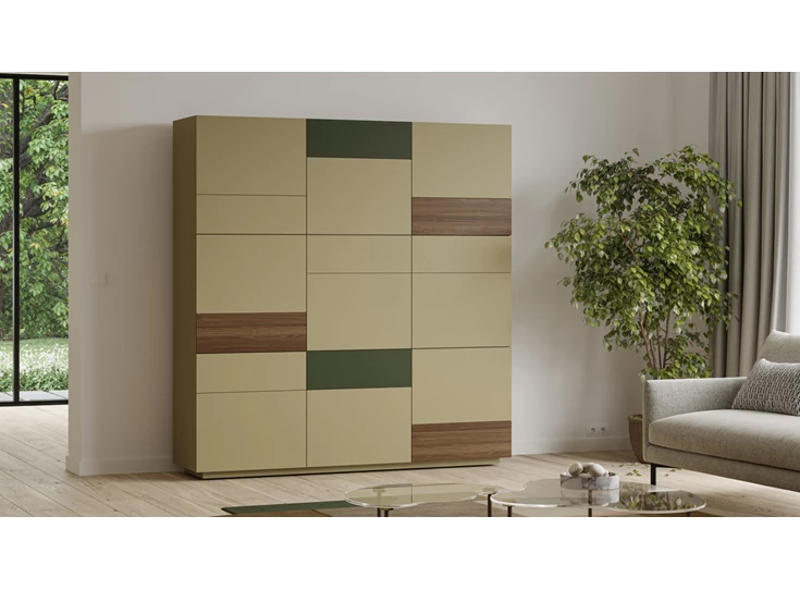 Wandkast Cobra Jubileum opstelling 963S matte lak olive en moss fineer hout noten Coesel