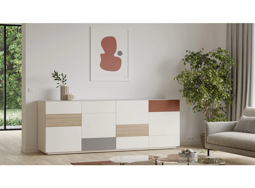 Dressoir Cobra Jubileum opstelling 780S3 matte lak wit platina terra fineer hout eik Coesel