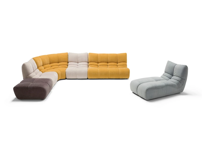 Front Hoeksalon Formosa met poef combi stof bruin beige geel Franco Ferri
