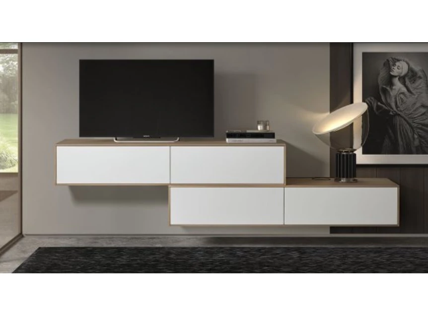 Speelse wand tv-kast Adatto hangend matte lak wit contour eik fineer