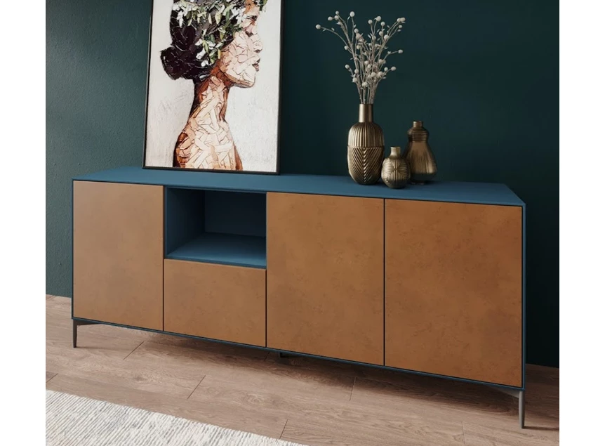 Dressoir Adatto matte lak petrol blauw goud op onderstel frame 2