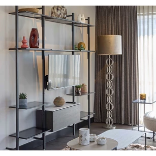 Wandrek Stripe met tv ophang metaal antraciet glas eik fineer Bert Plantagie