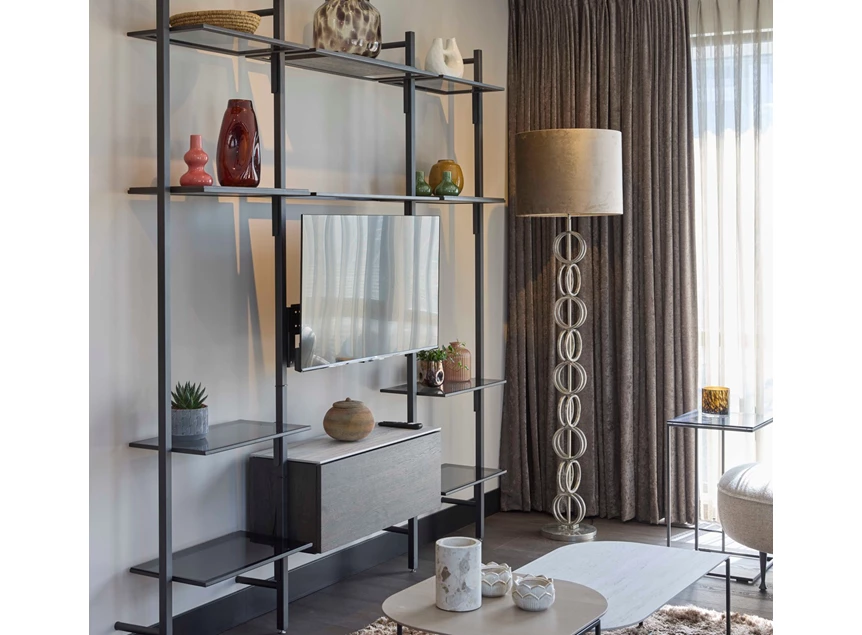 Wandrek Stripe met tv ophang metaal antraciet glas eik fineer Bert Plantagie