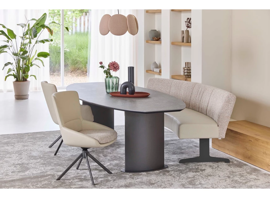 Met eetkamerbank Eettafel Plato demi ovaal Dekton marmerlook Bert Plantagie