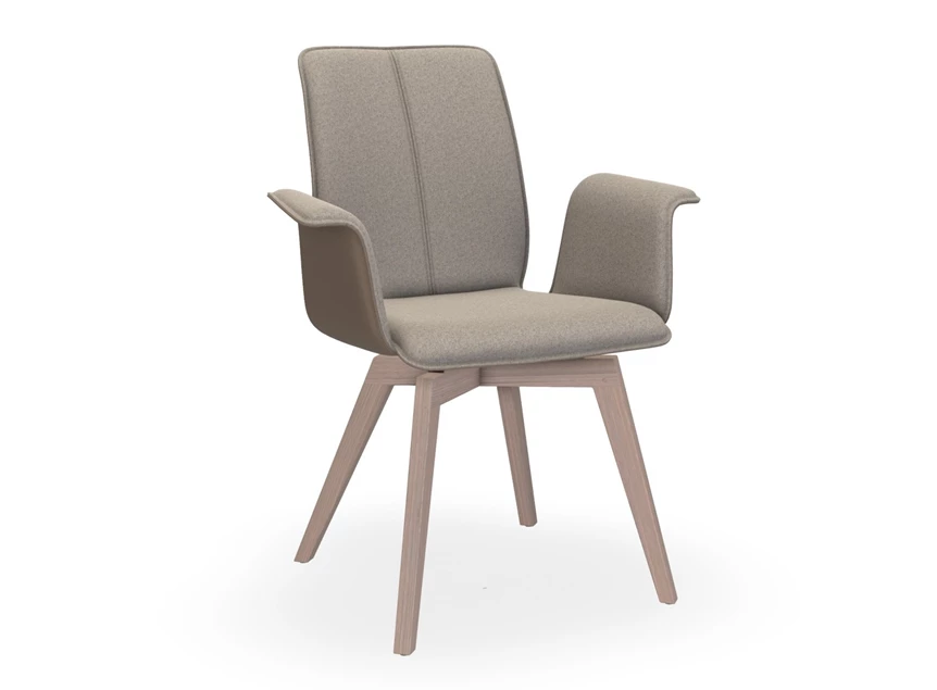 Armstoel Tara Wood 835A combi leder taupe stof beige stolpnaad Bert Plantagie
