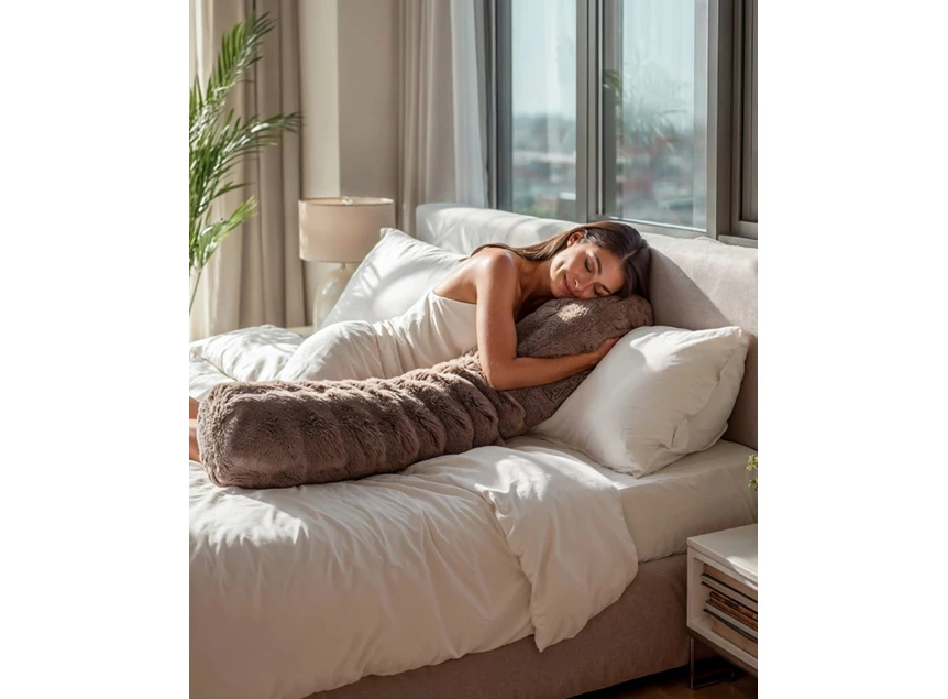 Bodypillow pompom taupe 140x20 sfeerfoto