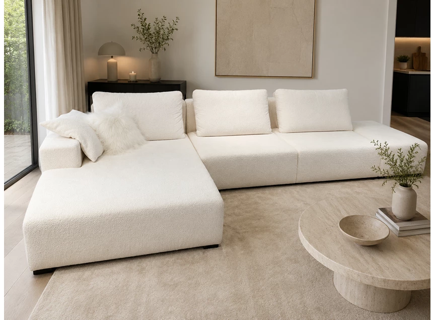 Salon Lexus met longchair en chill stof boucle beige wit Passe Partout